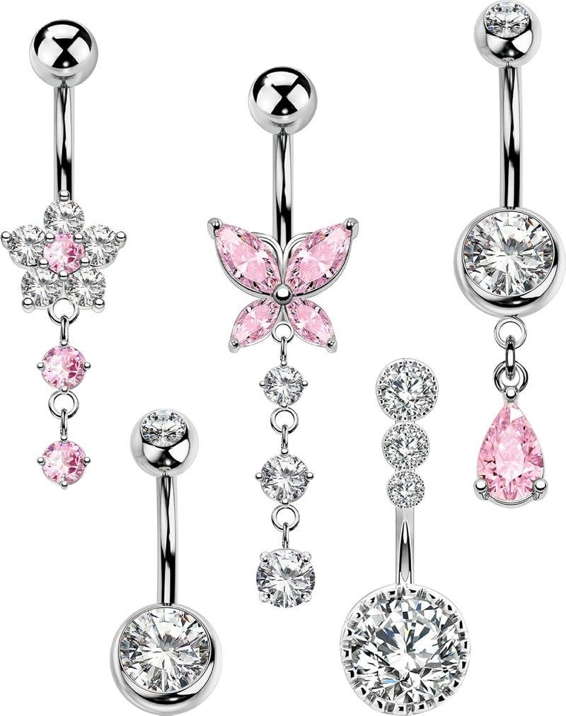 MS CUTE 5PCS Belly Button Rings for Women 14G Dangle Navel Piercing Jewelry Set Surgical Stainless Steel Body Jewelry with CZ Butterfly Flower Teardrop Barbell for Beach Festival Daily - Image 1